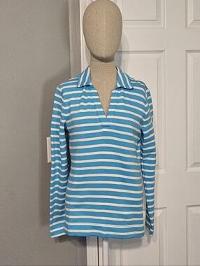 Talbots Turquoise & White Striped Long-Sleeve Polo Top